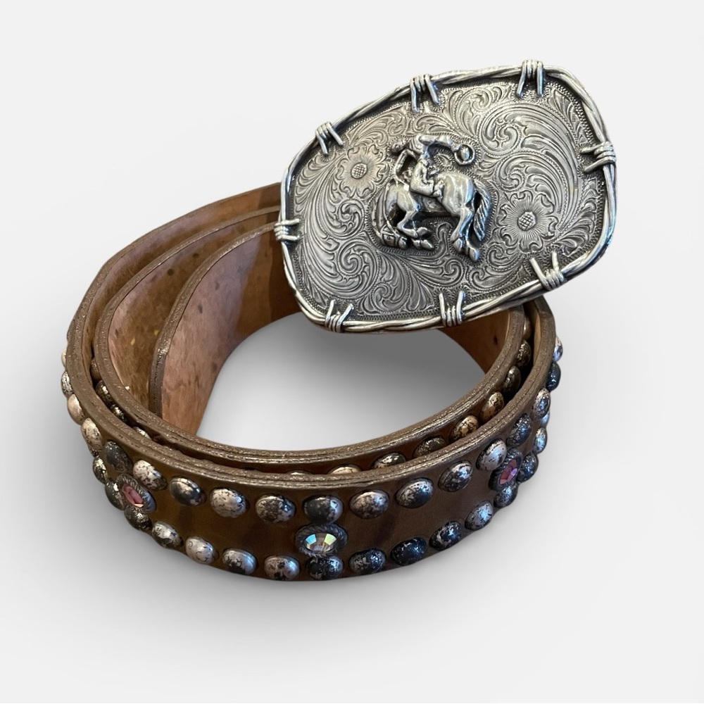 Leather Brown Studded Pink Rhinestone Belt with Silver Buckle Bronc Rider Medium